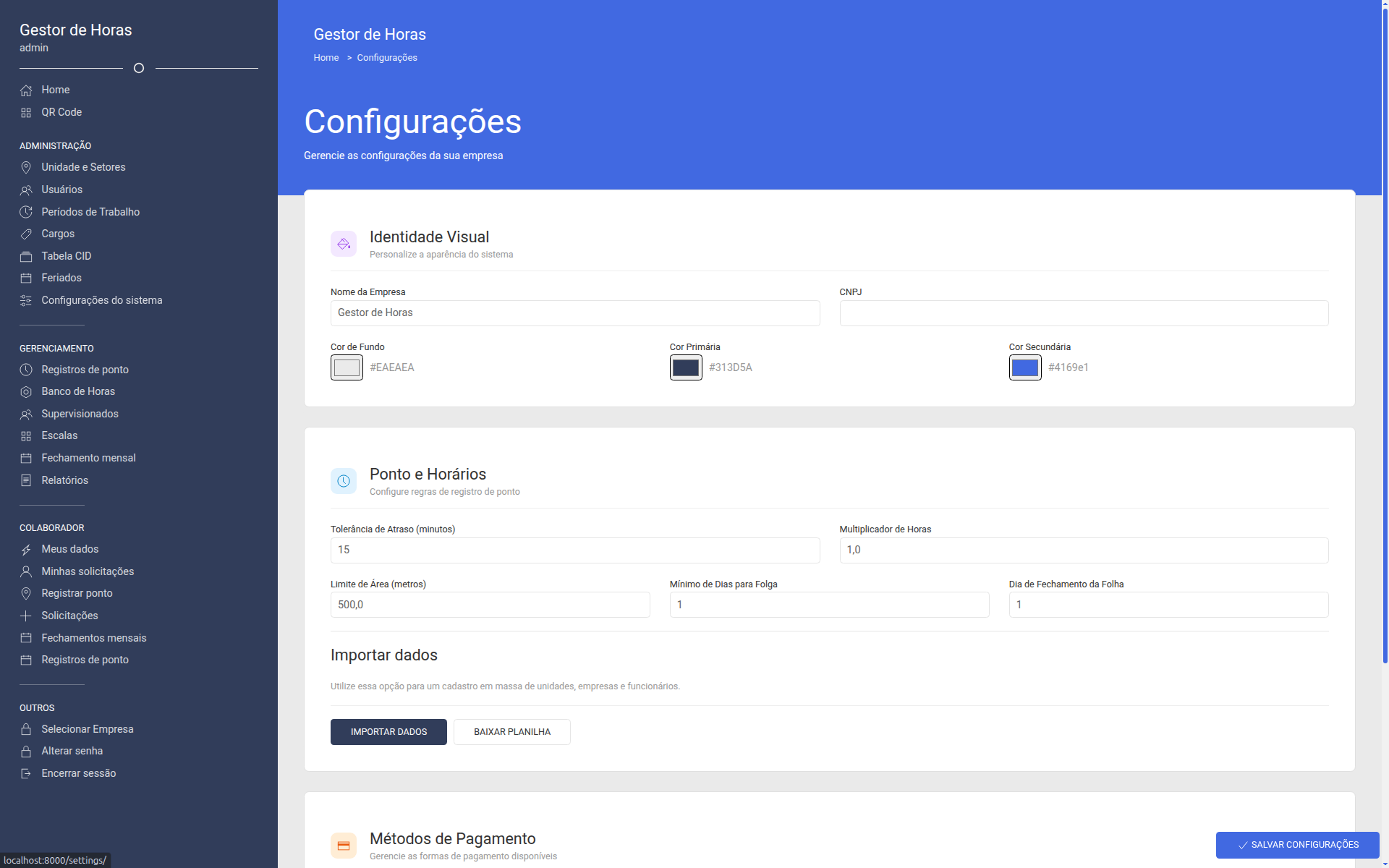 Página de configurações do sistema