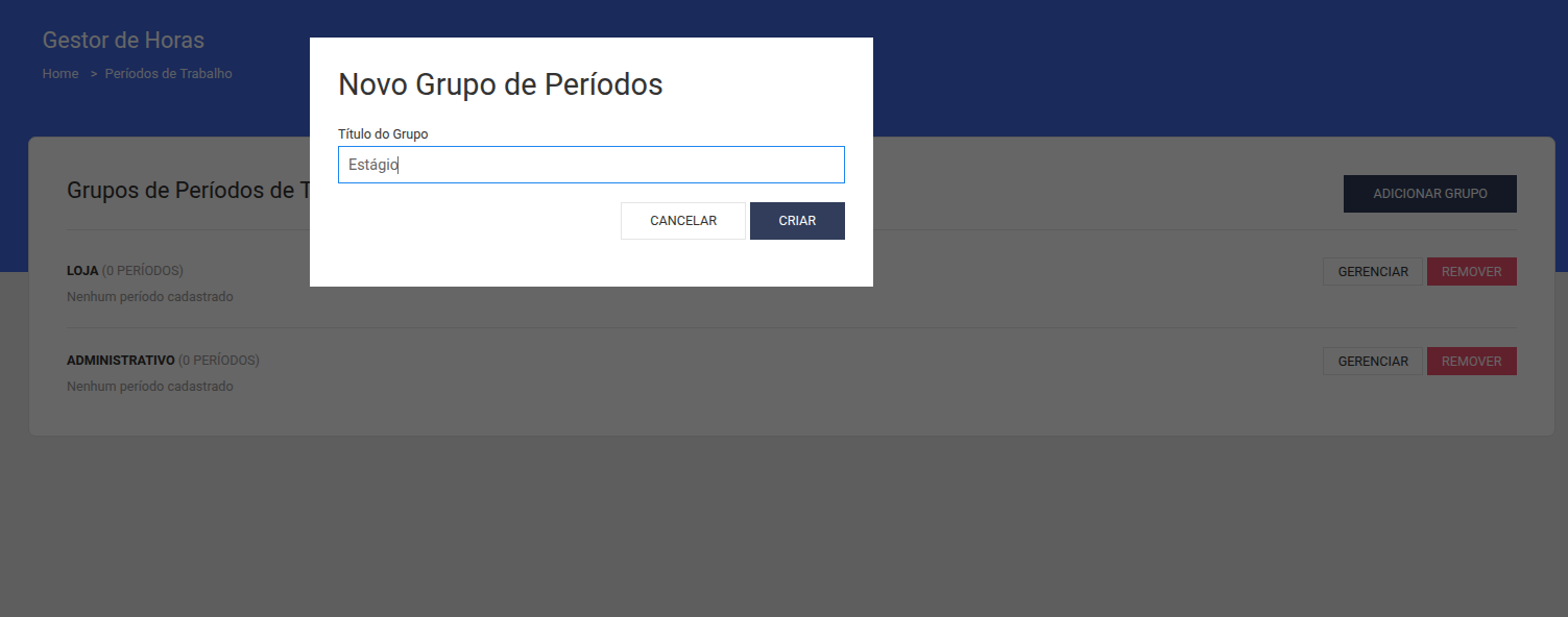 Modal para cadastro de grupo de trabalho