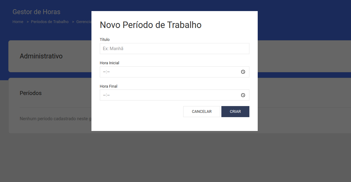 Modal para cadastro de período de trabalho